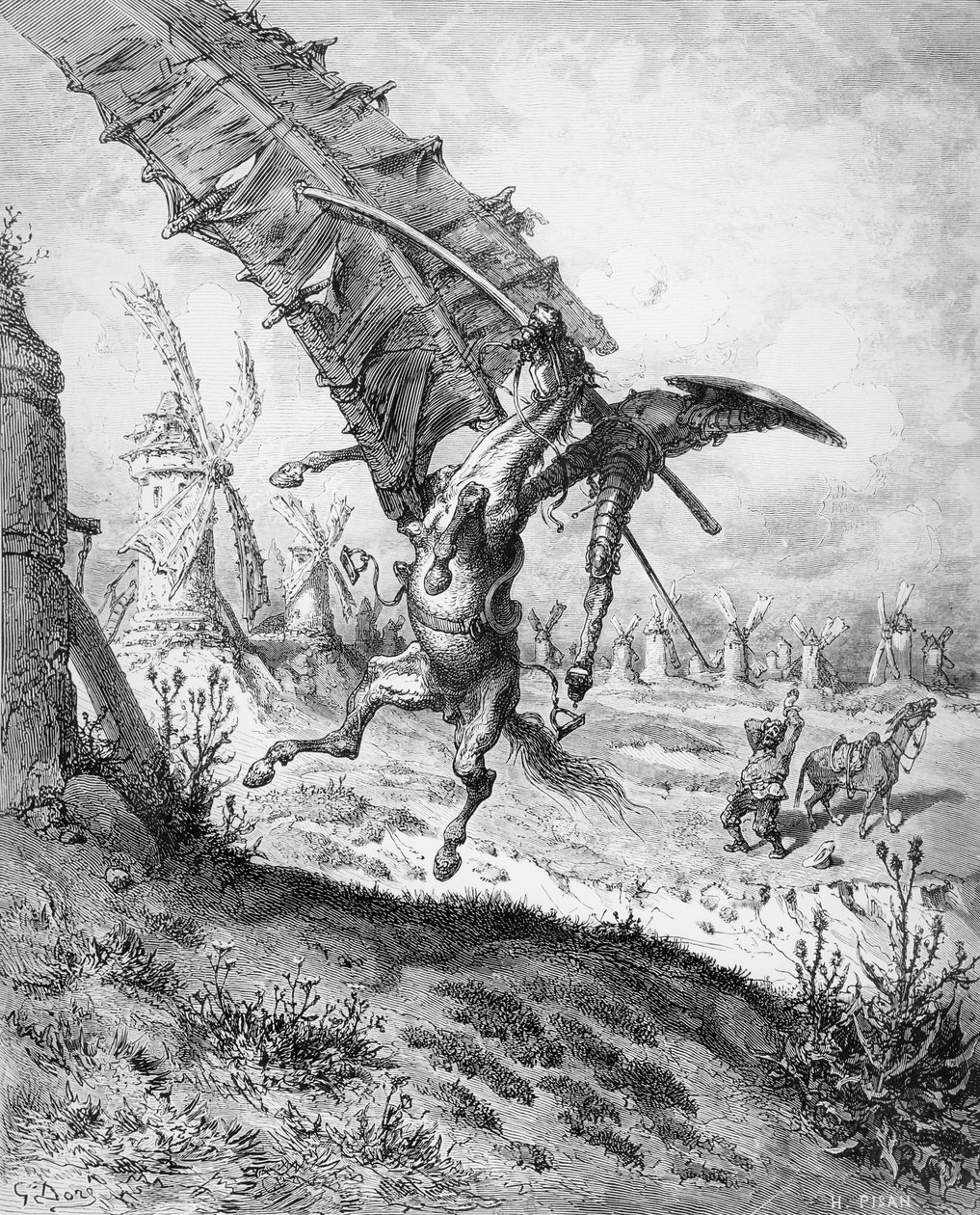 Don Quijote ja tuulimyllyt, Miguel Cervantesin (1547-1616) Don Quijote de la Manchasta, kaiverrus Heliodore Joseph Pisan (1822-90) (kaiverrus) (bw-kuva) (katso myös 141799) tekijältä Gustave Dore