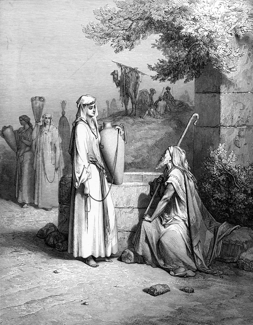 Eliezer ja Rebekah Rebecca, kaiverrus Dorén. - Raamattu tekijältä Gustave Dore