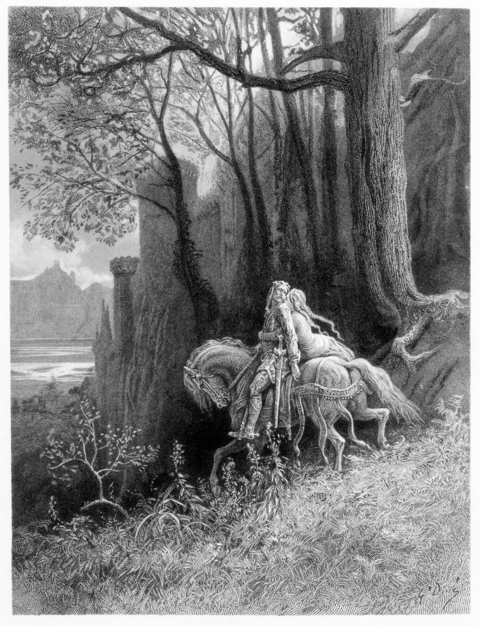 Geraint ja Enid Ride Away, kuvitus Alfred Tennysonin teoksesta "Idylls of the King" tekijältä Gustave Dore