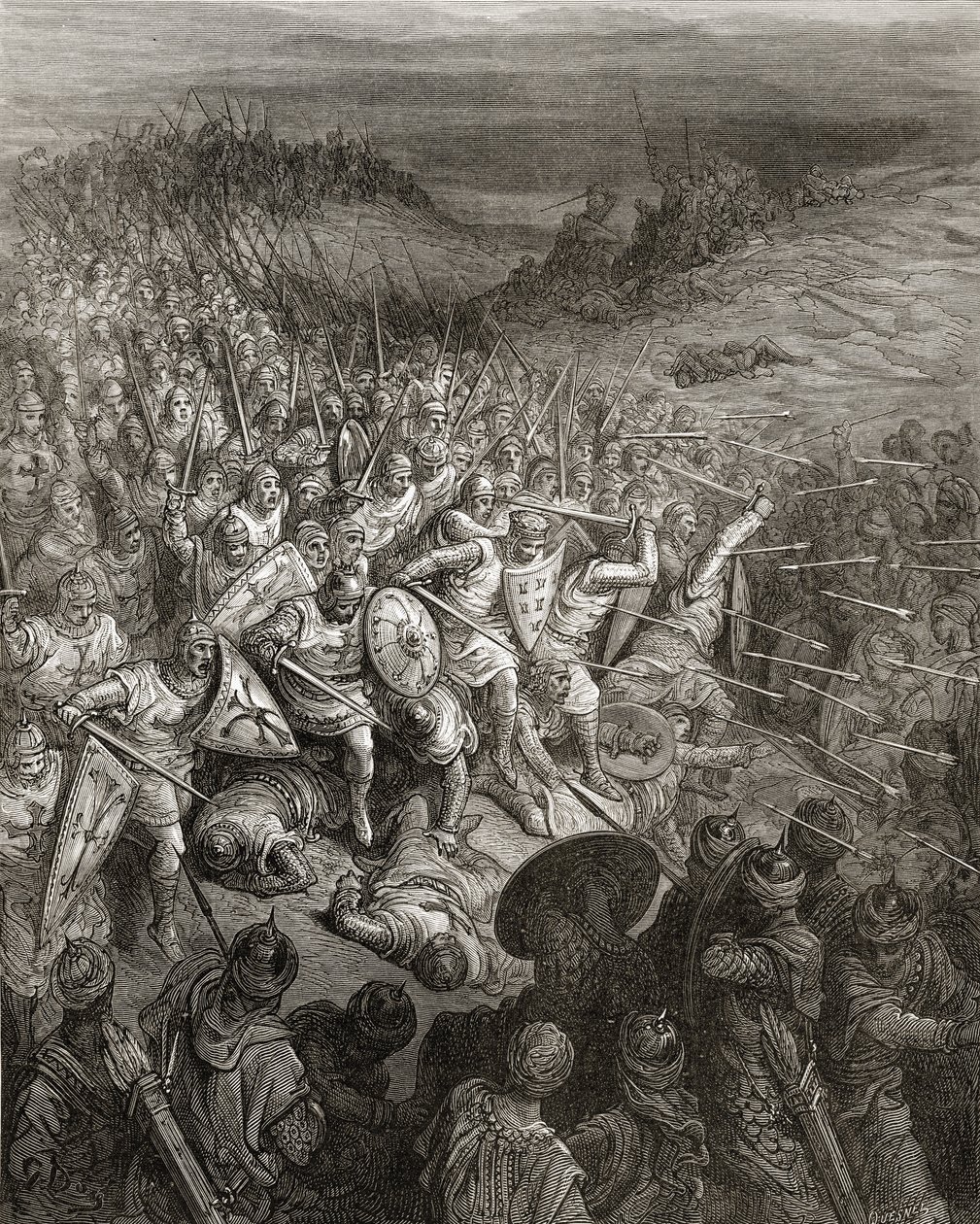 Godfreyn sotilaat ajavat muslimiarmeijan läpi, kuva J-F:n Bibliotheque des Croisadesista. Michaud, 1877 tekijältä Gustave Dore