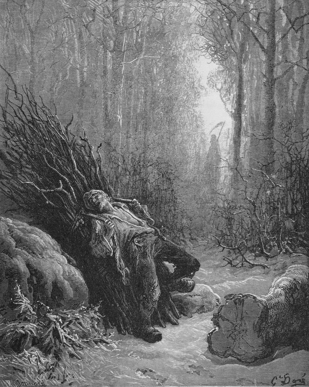 Kuvitus kuolemalle ja puunhakkaajalle Jean de La Fontainen (1621-95) "Fablesista" Jonnardin kaivertama tekijältä Gustave Dore