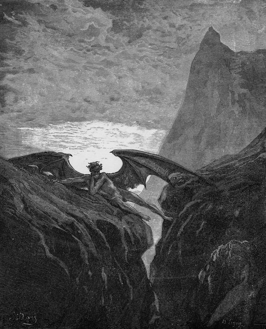 Kuvitus John Miltonin teokseen "Kadotettu paratiisi", 1866.  Taistelun tauko taivaassa (Kirja 6, rivi 406) tekijältä Gustave Dore