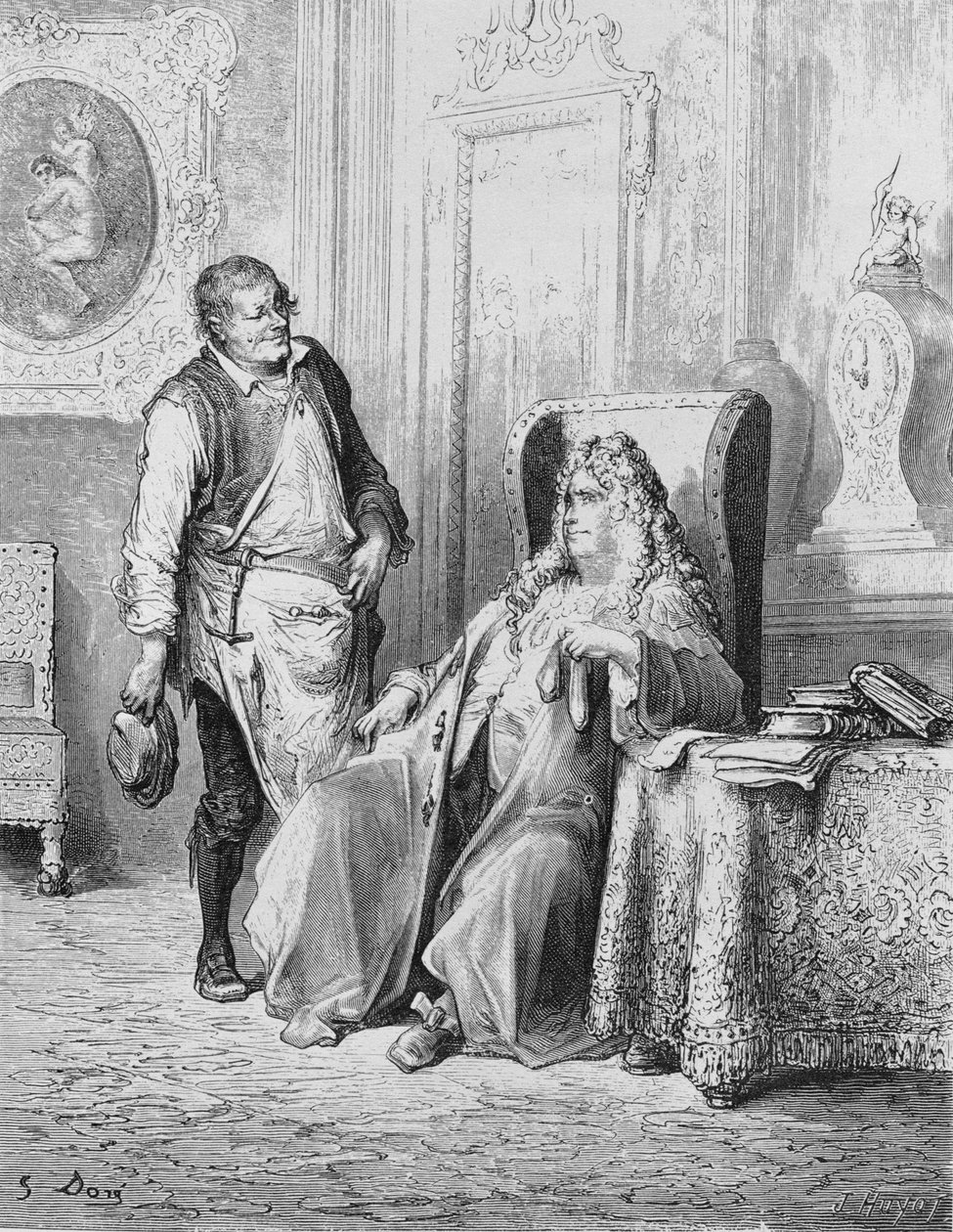 Kuvitus Suutarit ja rahoittajalle Jean de La Fontainen (1621-95) "Fablesista" tekijältä Gustave Dore