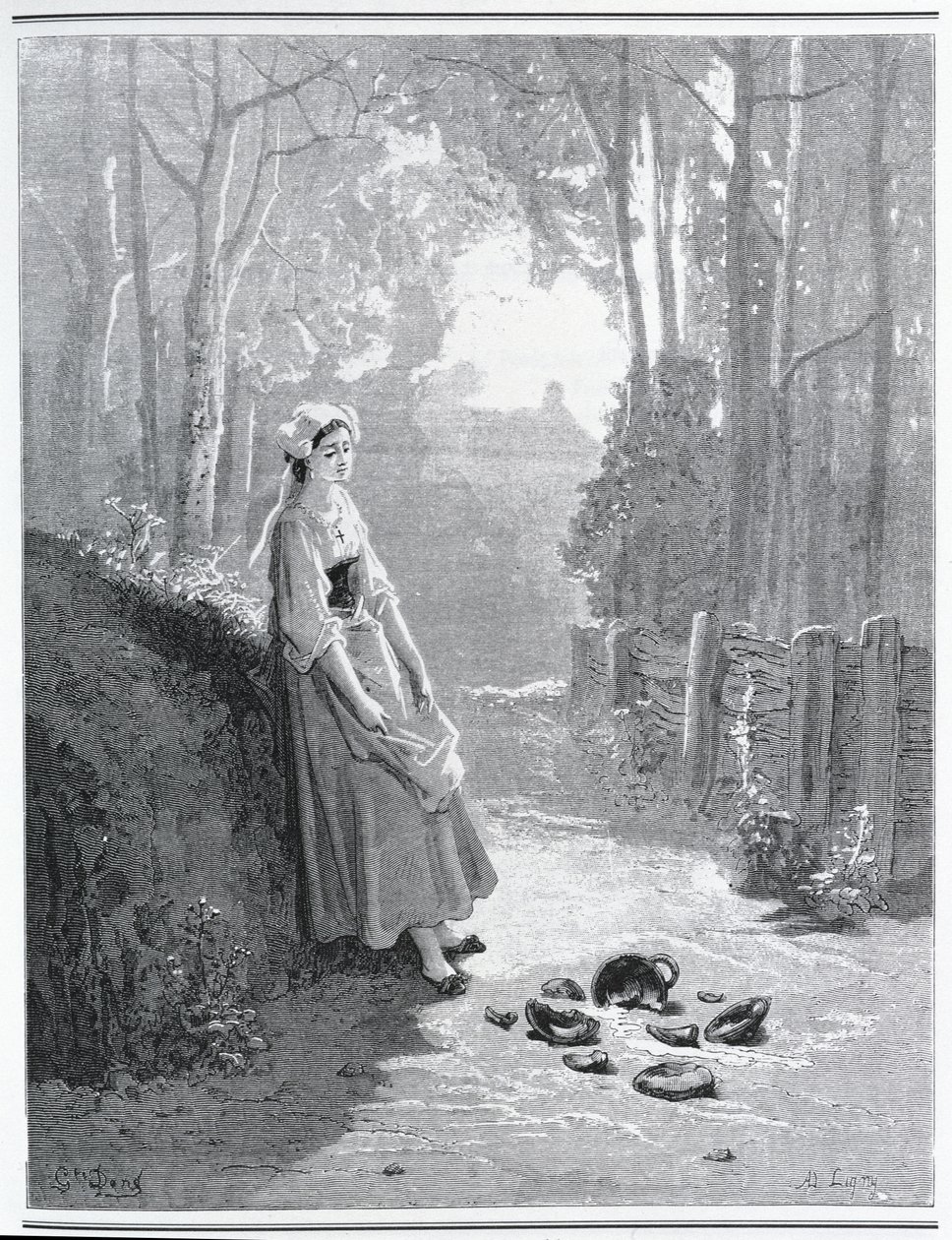 Kuvitus teokseen "Maitotyttö ja maitokannu", Jean de La Fontainen (1621-95) "Sadut". tekijältä Gustave Dore