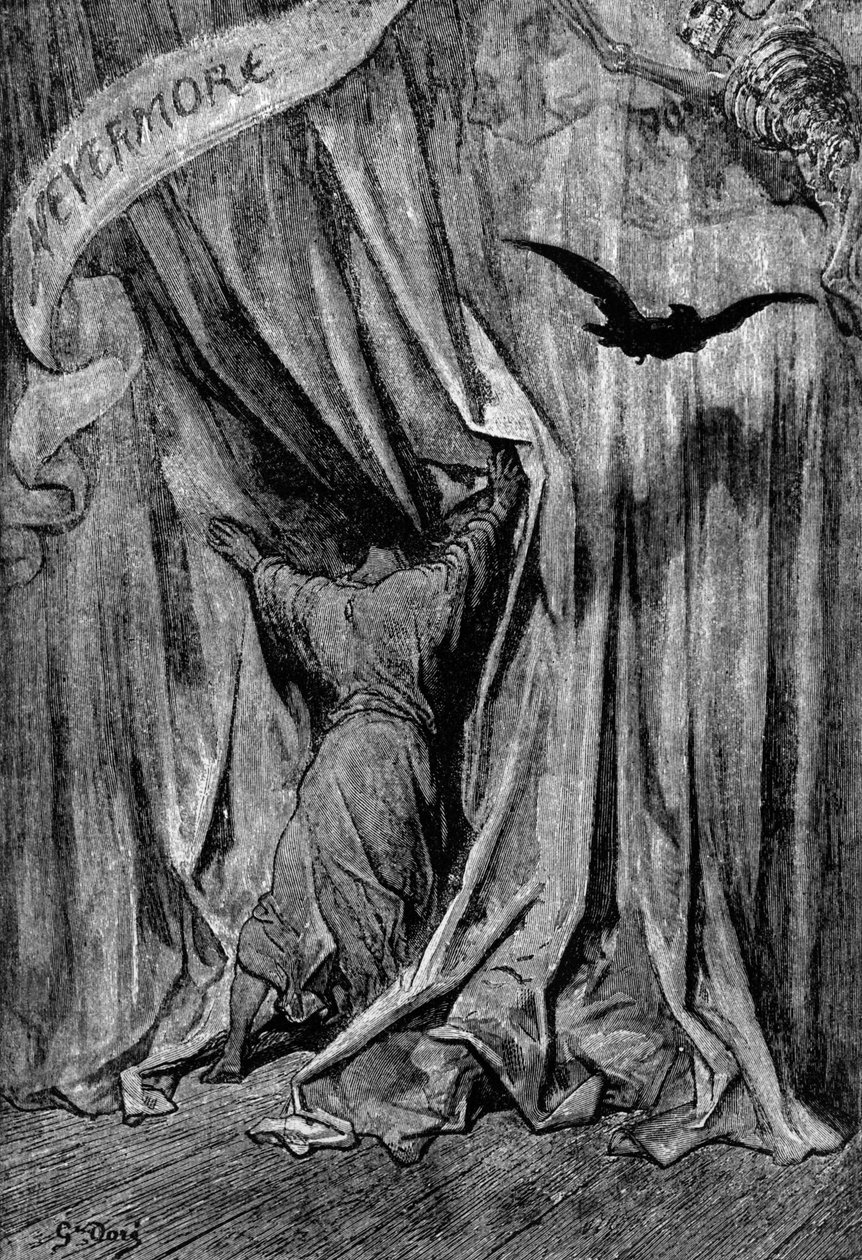 Kuvitus Edgar Allan Poen runolle Varis, 1845 tekijältä Gustave Dore