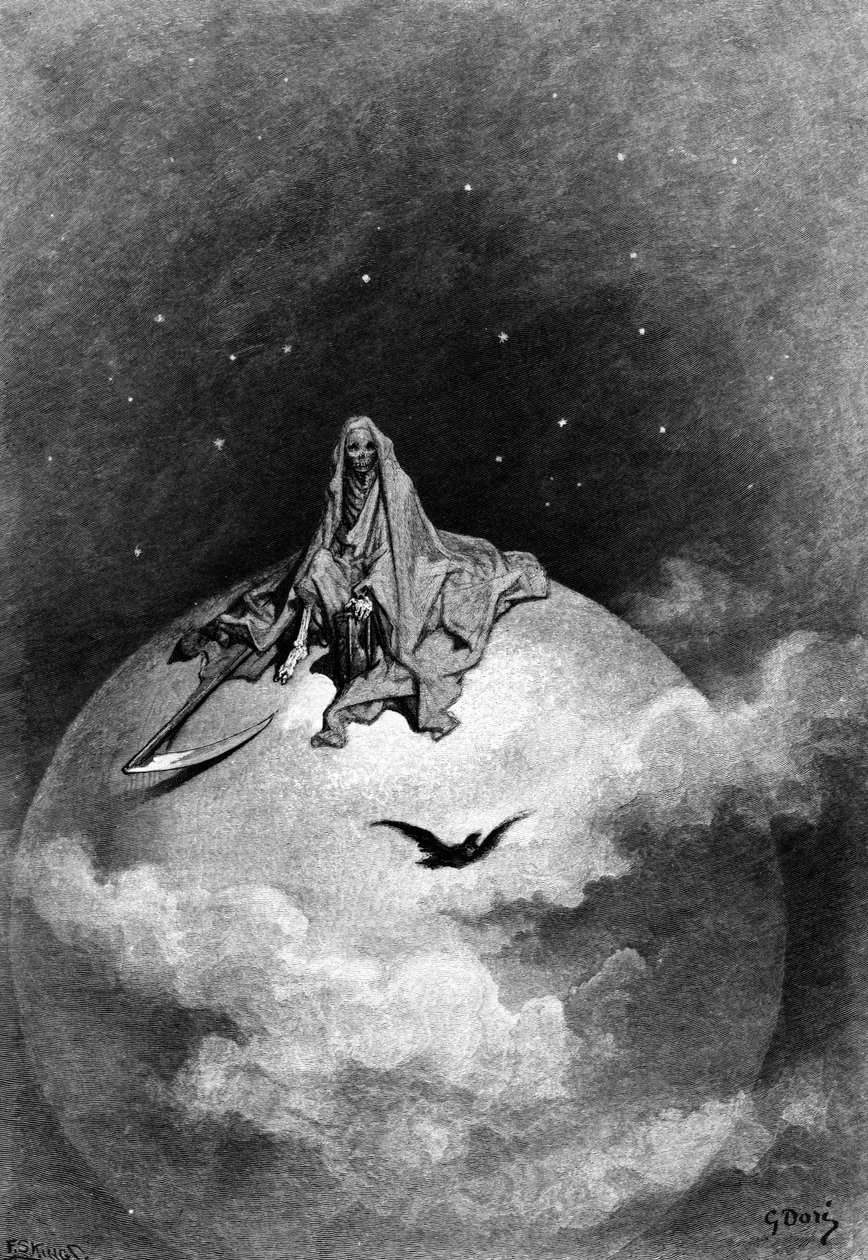 Kuvitus Edgar Allan Poen teoksesta "The Raven", 1882 tekijältä Gustave Dore