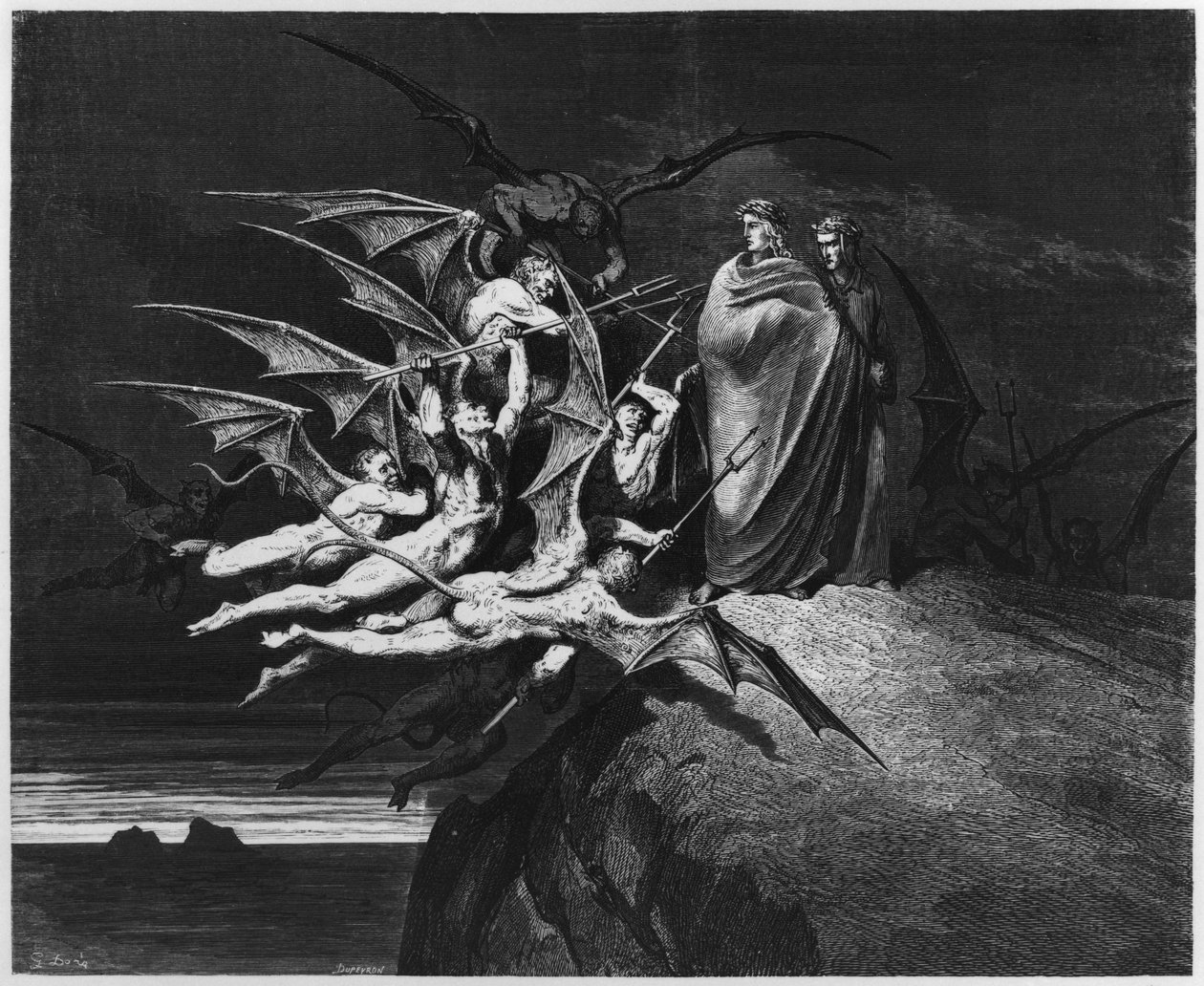 Kuvitus Dante Alighierin (1265-1321) Pariisin jumalallisesta komediasta (Inferno), julkaistu 1885 tekijältä Gustave Dore