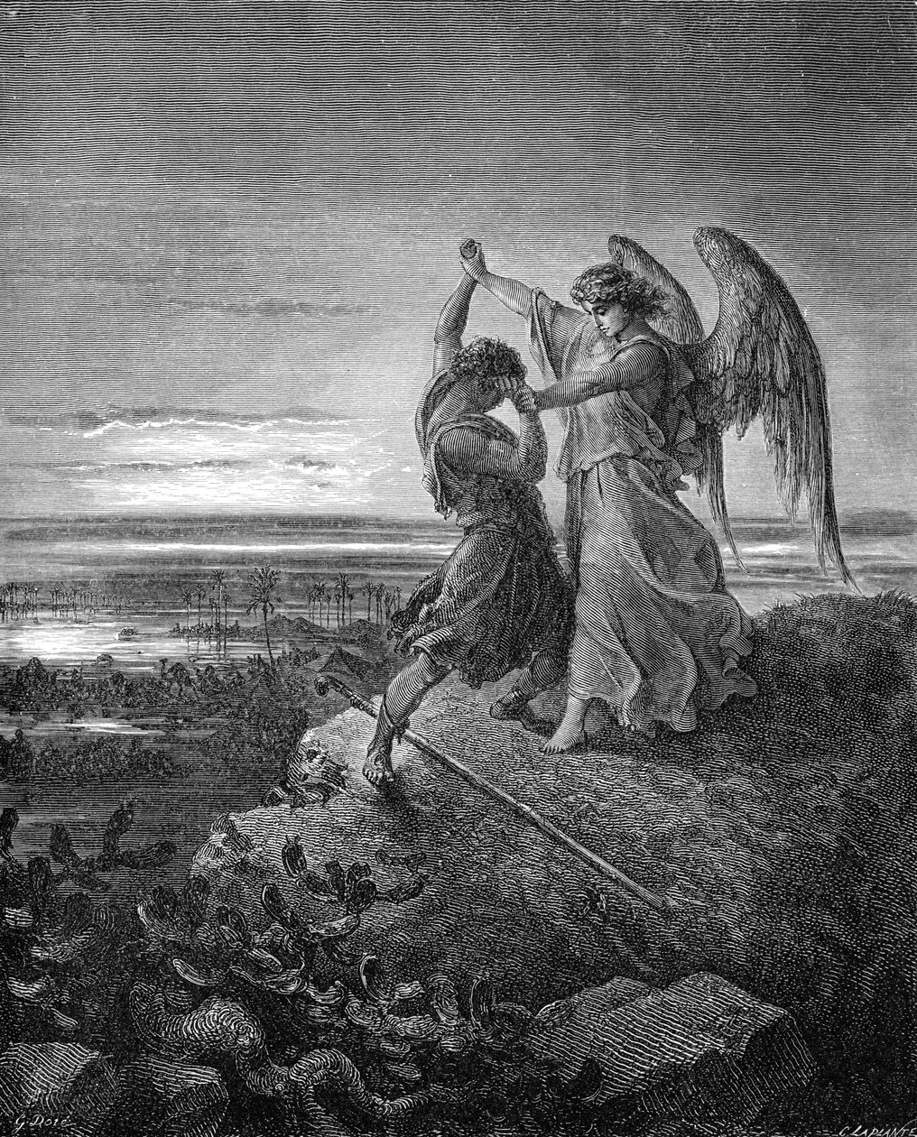 Jacob painii enkelin kanssa, kaiverrus Dorén. - Raamattu tekijältä Gustave Dore