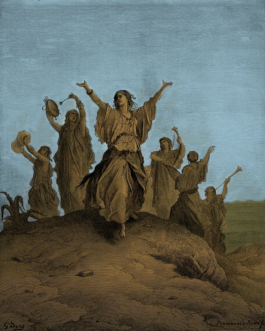 Jeftan tytär Iphis tanssii kohti - Raamattu tekijältä Gustave Dore