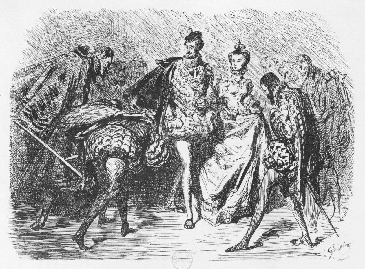 Kuningas ja hovi, kuvitus Michel Eyquem de Montaignen (1533-92) "Essistä" tekijältä Gustave Dore
