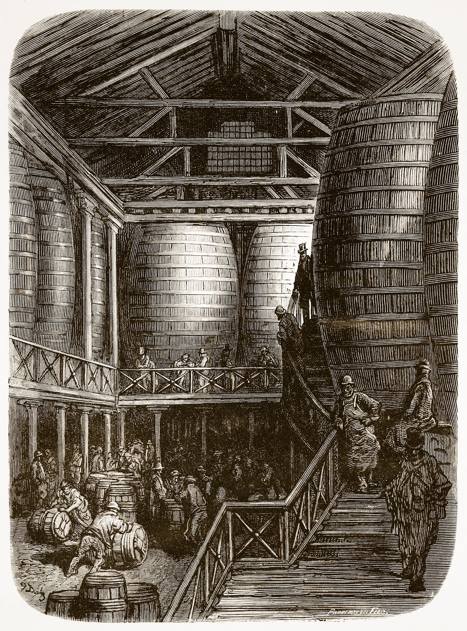Suuret tynnyrit panimossa, "London, a Pilgrimage", kirjoittanut William Blanchard Jerrold (1826-94) ja kaivertanut Pannemaker, pubi. 1872 tekijältä Gustave Dore