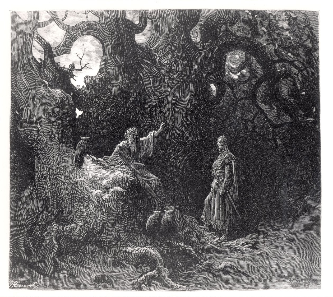 Merlin Brocelianden metsässä Ludovico Arioston (1474-1533) Orlando Furiososta, julkaisija Hachette vuonna 1888 tekijältä Gustave Dore