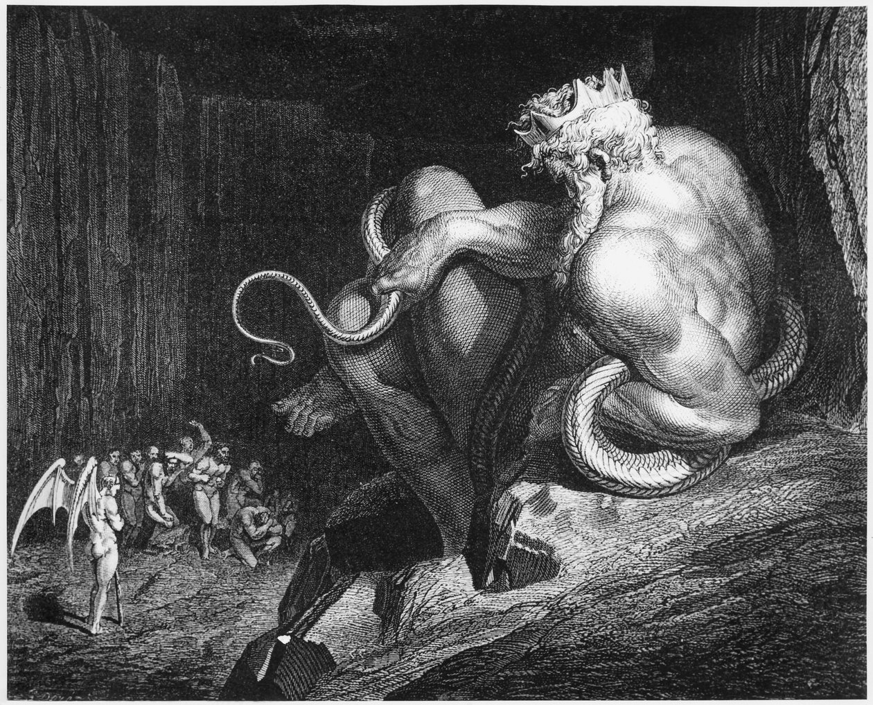 Minos, Kreetan kuningas, kuvitus Dante Alighierin (1265-1321) jumalallisesta komediasta (Inferno) tekijältä Gustave Dore