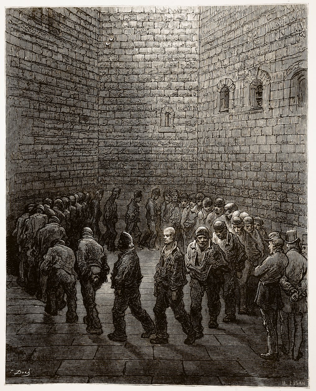Newgate - Harjoituspiha, "Lontoo, pyhiinvaellus", kirjoittanut William Blanchard Jerrold (1826-84) ja kaivertanut Heliodore Joseph Pisan (1822-90) pub. 1872 tekijältä Gustave Dore