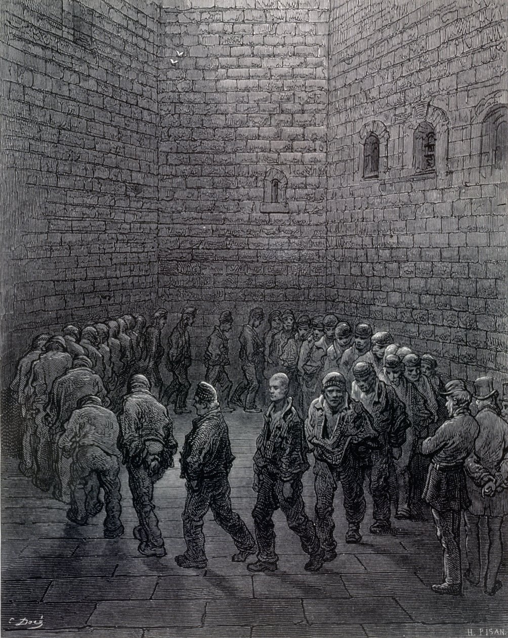 Newgate - Harjoituspiha, "Lontoo, pyhiinvaellus", kirjoittanut William Blanchard Jerrold (1826-84), kaivertanut Heliodore Joseph Pisan (1822-90), pub. 1872 tekijältä Gustave Dore