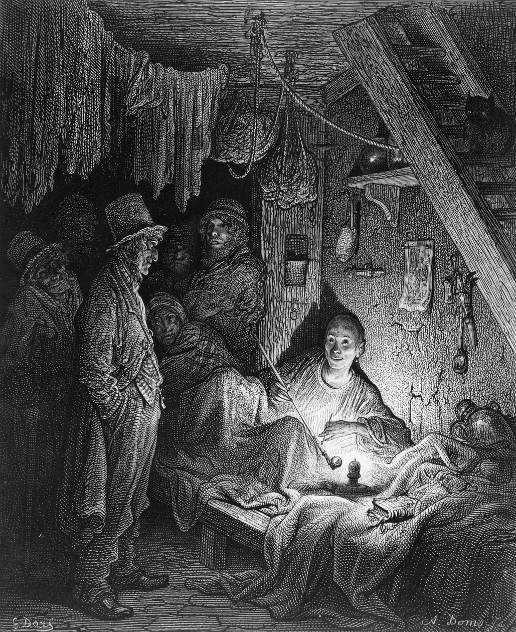 Oopiumin tupakointi - Lascarin huone, kohtaus Charles Dickensin teoksesta "Edwin Droodin mysteeri", kuvitettu "Lontoo, pyhiinvaellus", kirjoittanut William Blanchard Jerrold (1826-94), kaiverrus A. Dom tekijältä Gustave Dore