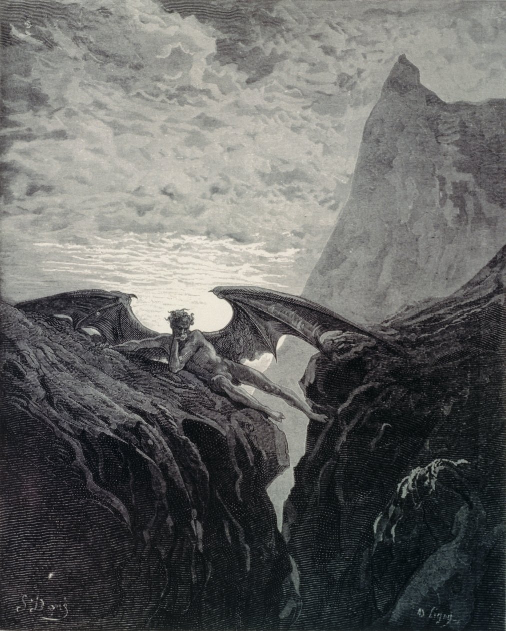 Levy nro. 26 Kirja VI rivi 406 "Now Night her Course alkoi..." John Miltonin (1608-74) "Kadonnut paratiisista", kaiverrus Ligny, 1882 tekijältä Gustave Dore