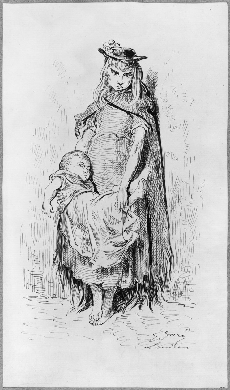 Köyhä tyttö lapsen kanssa Lontoossa (kynä ja intialainen mustetta paperilla) tekijältä Gustave Dore