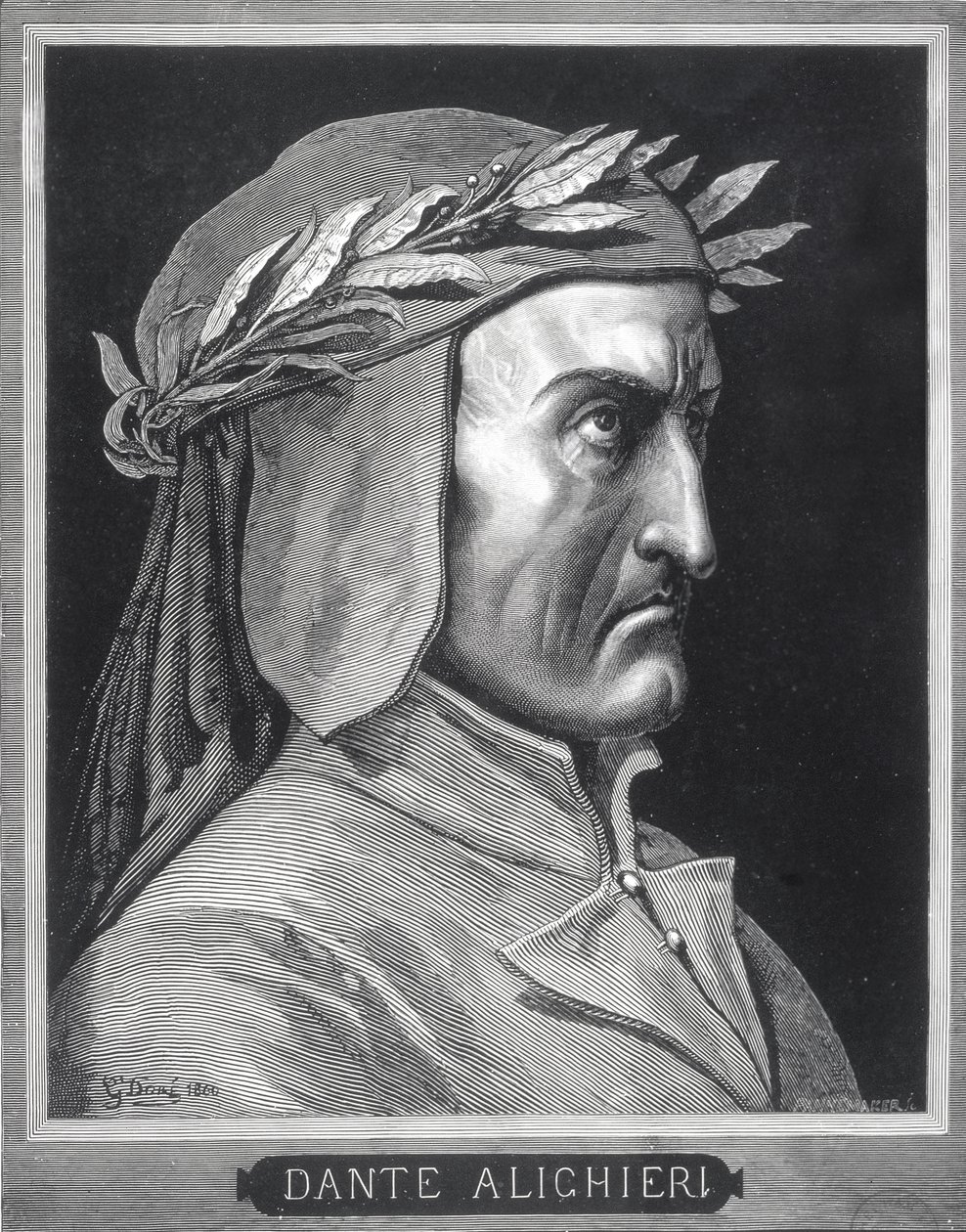 Muotokuva Dante Alighieristä (1265-1321), 1860, kaiverrus Stephane Pannemaker (1847-1930), etukappale teoksesta "The Vision of Hell", julkaisija Cassell, 1903 tekijältä Gustave Dore