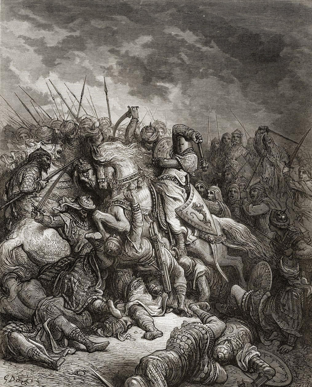 Richard I (1157–1199) Leijonasydän taistelussa Arsufissa vuonna 1191, kuvitus J-F:n Bibliotheque des Croisadesista. Michaud, 1877 tekijältä Gustave Dore