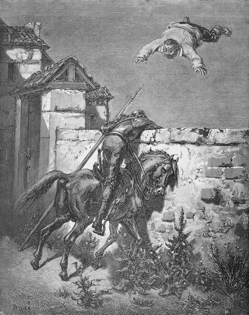 Sancho huopaan heitetty, Miguel Cervantesin (1547-1616) Don Quijote de la Manchasta, kaiverrettu Heliodore Joseph Pisan (1822-90) n. 1868 tekijältä Gustave Dore