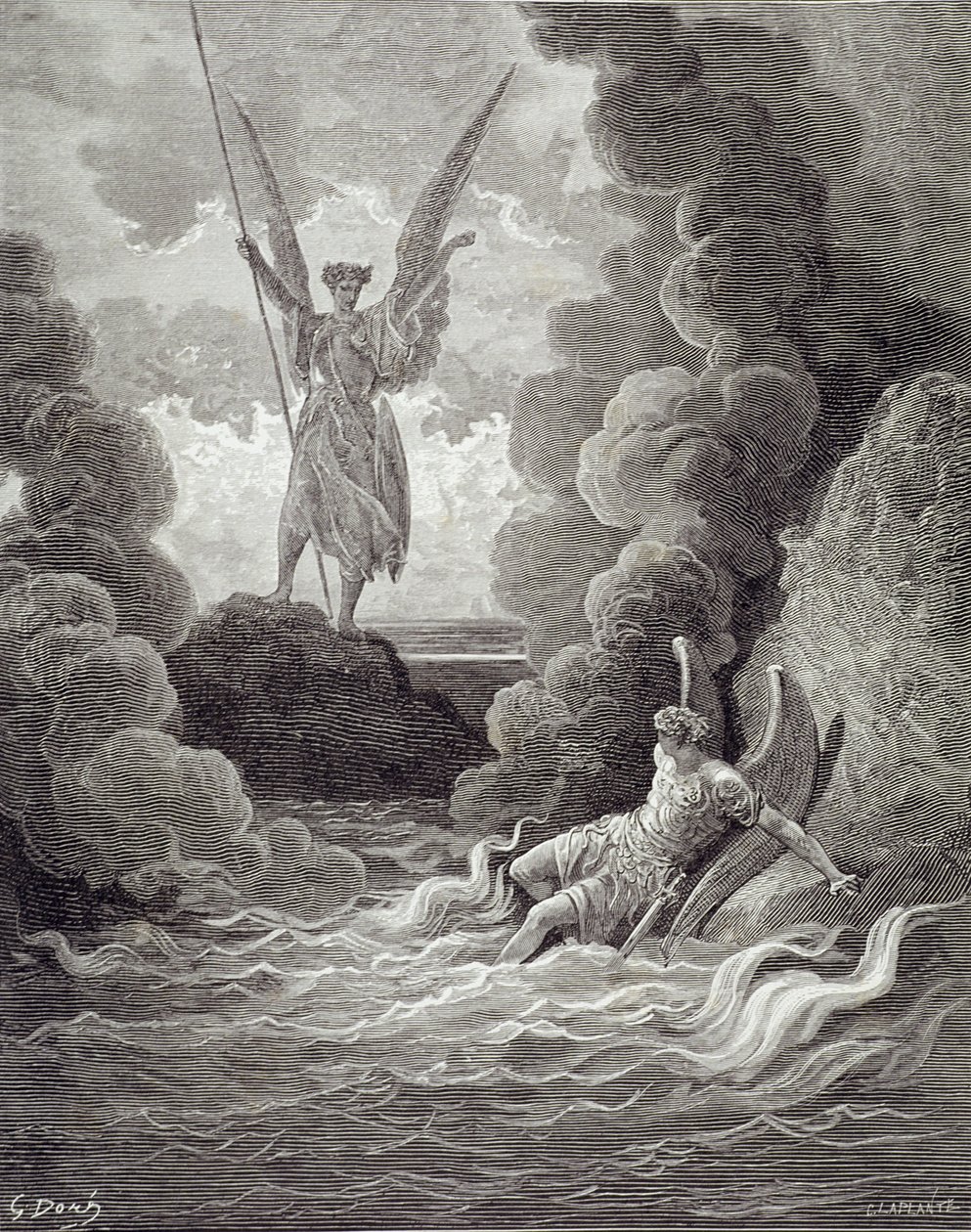 Saatana ja beelzebub, John Miltonin (1608-74) ensimmäisestä kirjasta "Kadonnut paratiisi", kaiverrettu Charles Laplante (k.1903) n. 1868 tekijältä Gustave Dore