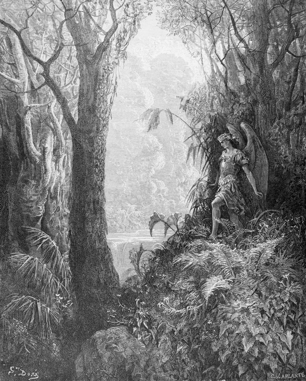 Saatana paratiisissa, John Miltonin (1608–1674) kadonneen paratiisin kirjasta IV, kaiverrettu Charles Laplante (k.1903) n. 1868 tekijältä Gustave Dore