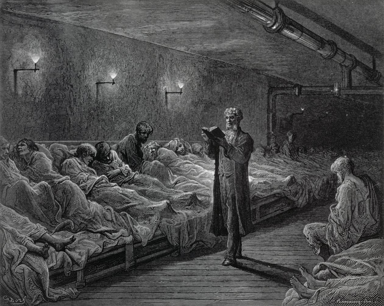Pyhien kirjoitusten lukija yöturvapaikassa, "Lontoo, pyhiinvaellus", kirjoittanut William Blanchard Jerrold (1826-84), kaivertaneet Stephane Pannemaker (1847-1930) ja A. Doms, pub. 1872 tekijältä Gustave Dore