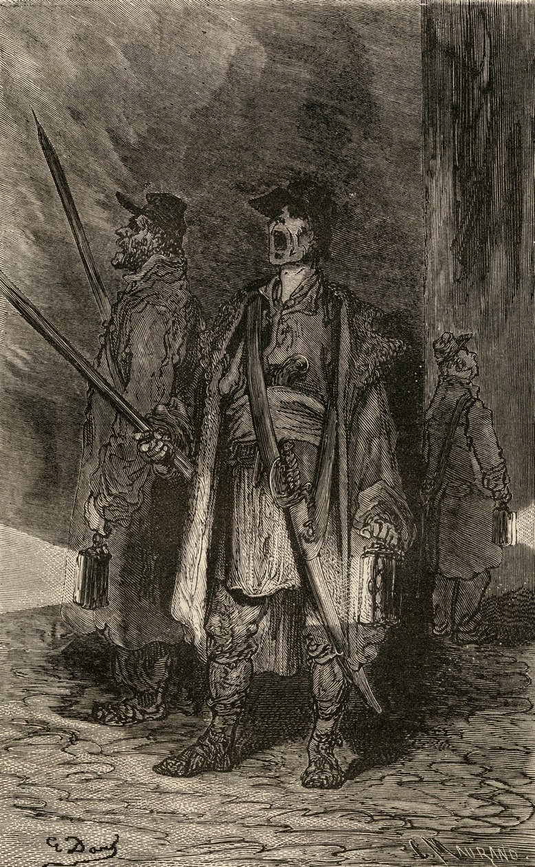 Serenos, Nightwatchmen, kuvitus "Spanish Picturesistä", pastori Samuel Manning tekijältä Gustave Dore