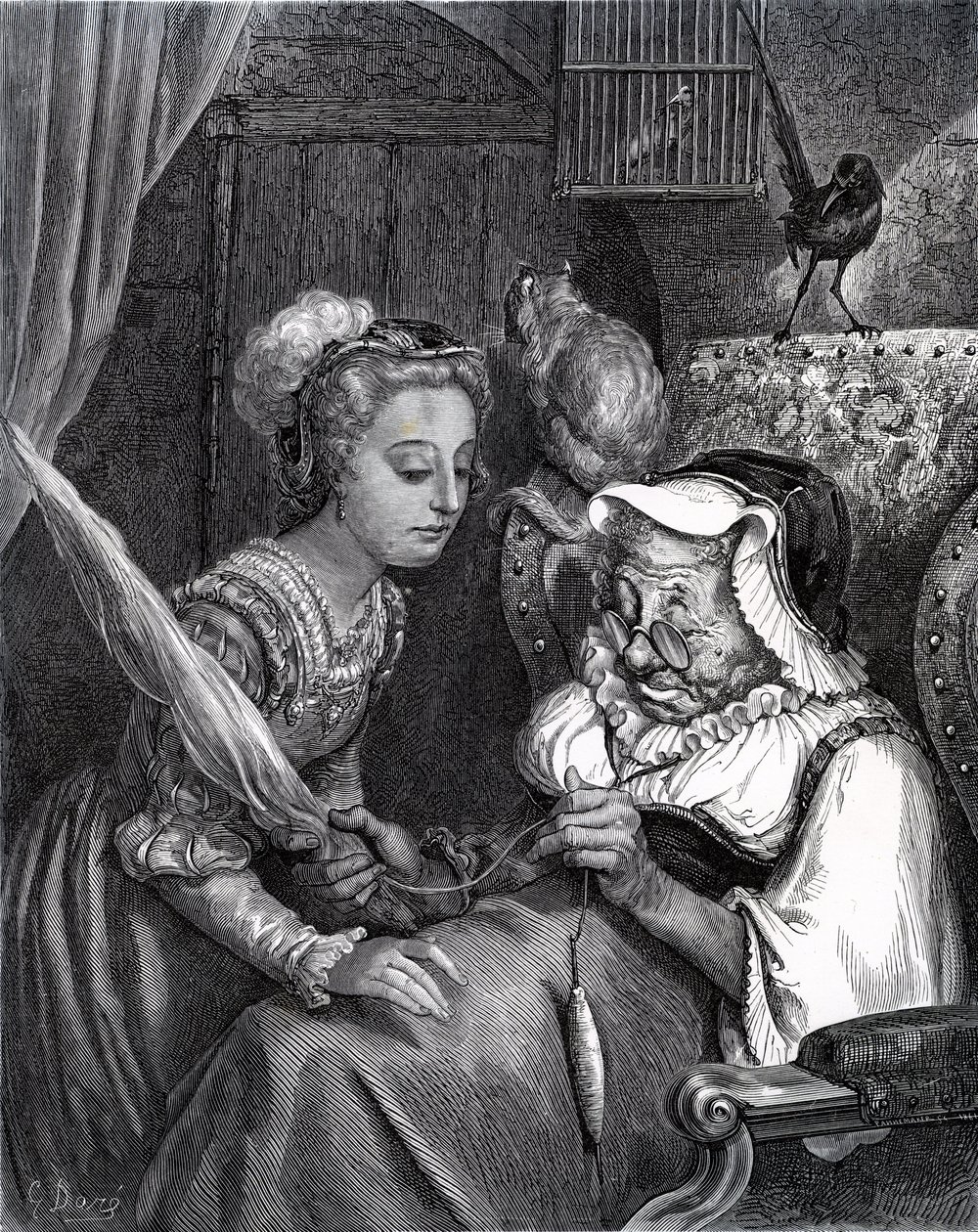 Prinsessa Ruusunen: Prinsessa ja Fairy Spite tornissa. tekijältä Gustave Dore