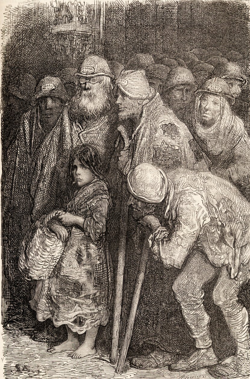 Espanjalaiset kerjäläiset Burgosista, Espanjasta 1800-luvulla, 1878 (puukaiverrus) tekijältä Gustave Dore