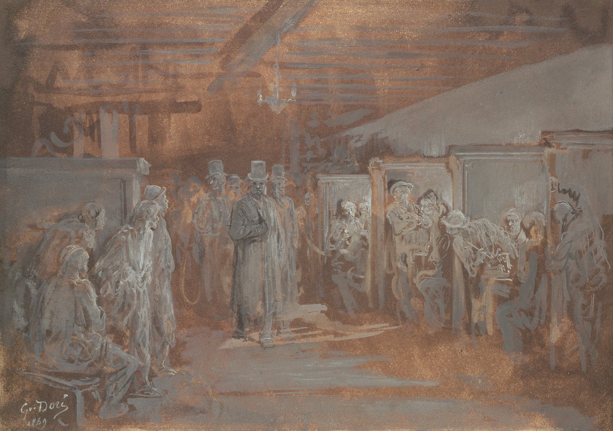 Taverna Whitechapelissa, 1869 (öljy ja vartaloväri paperilla) tekijältä Gustave Dore