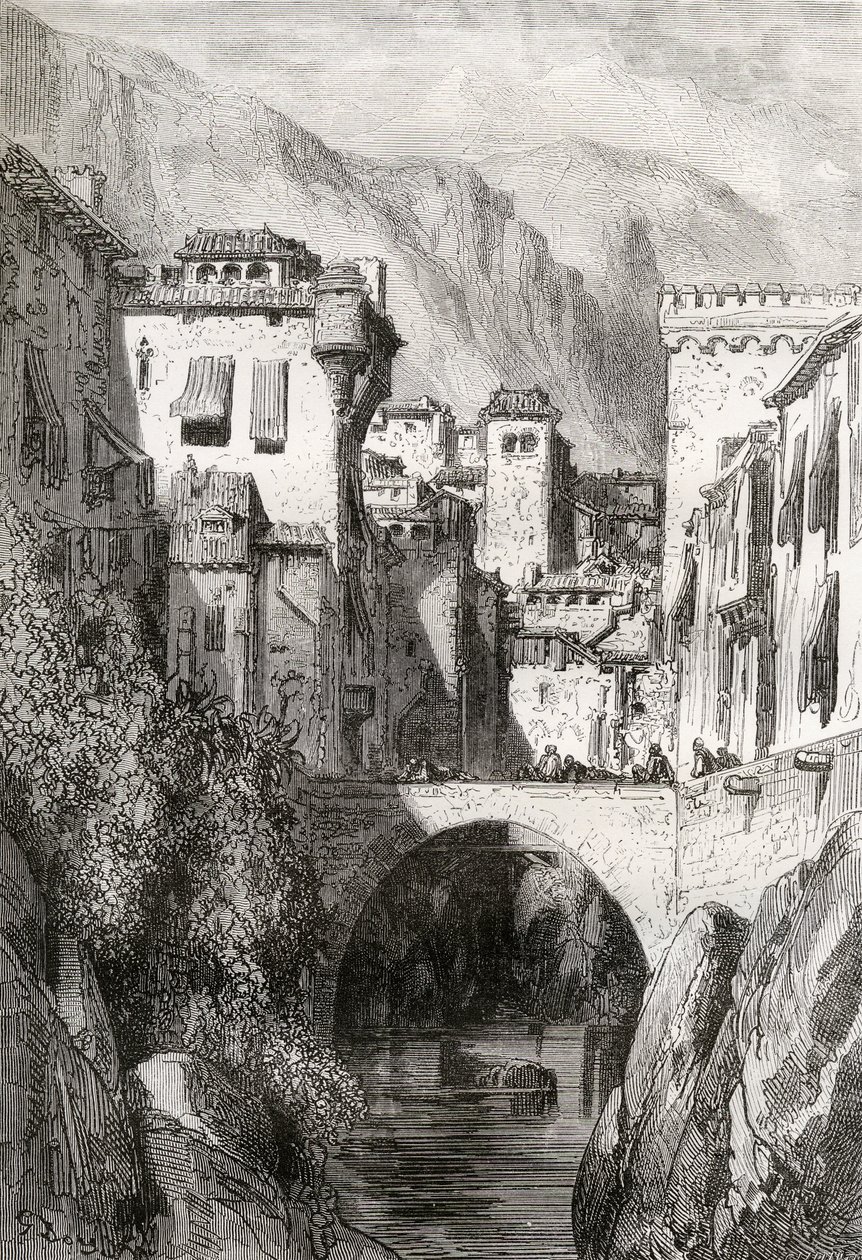 The Banks of the Darro, Granada, kuvitus "Spanish Picturesistä", pastori Samuel Manning tekijältä Gustave Dore