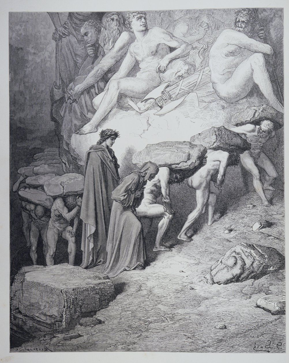 Ylpeyden taakka Dante Alighierin (1265-1321) jumalallisesta komediasta (Purgatorio), kaiverrettu Antoine Valerie Bertrand (s.1823) n. 1868 tekijältä Gustave Dore