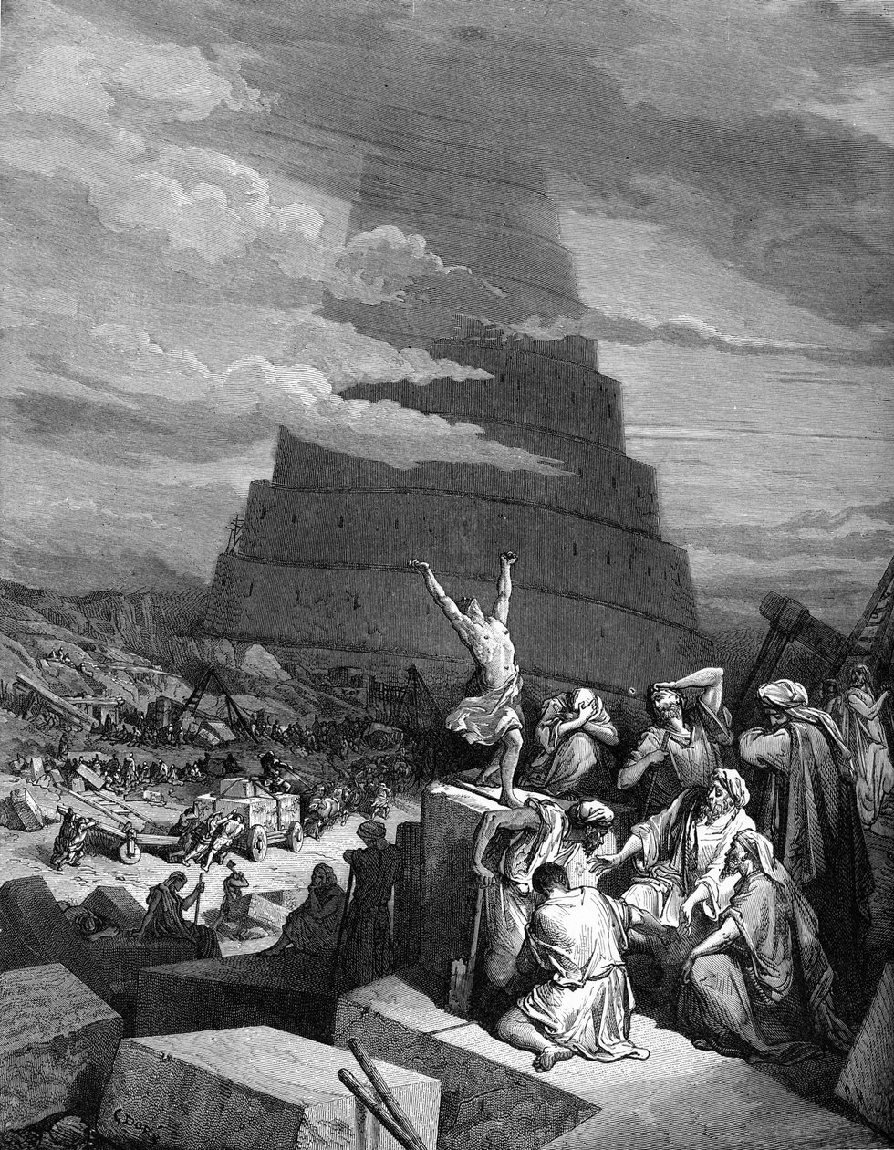Kielten hämmennys (Baabelin torni). - Raamattu tekijältä Gustave Dore