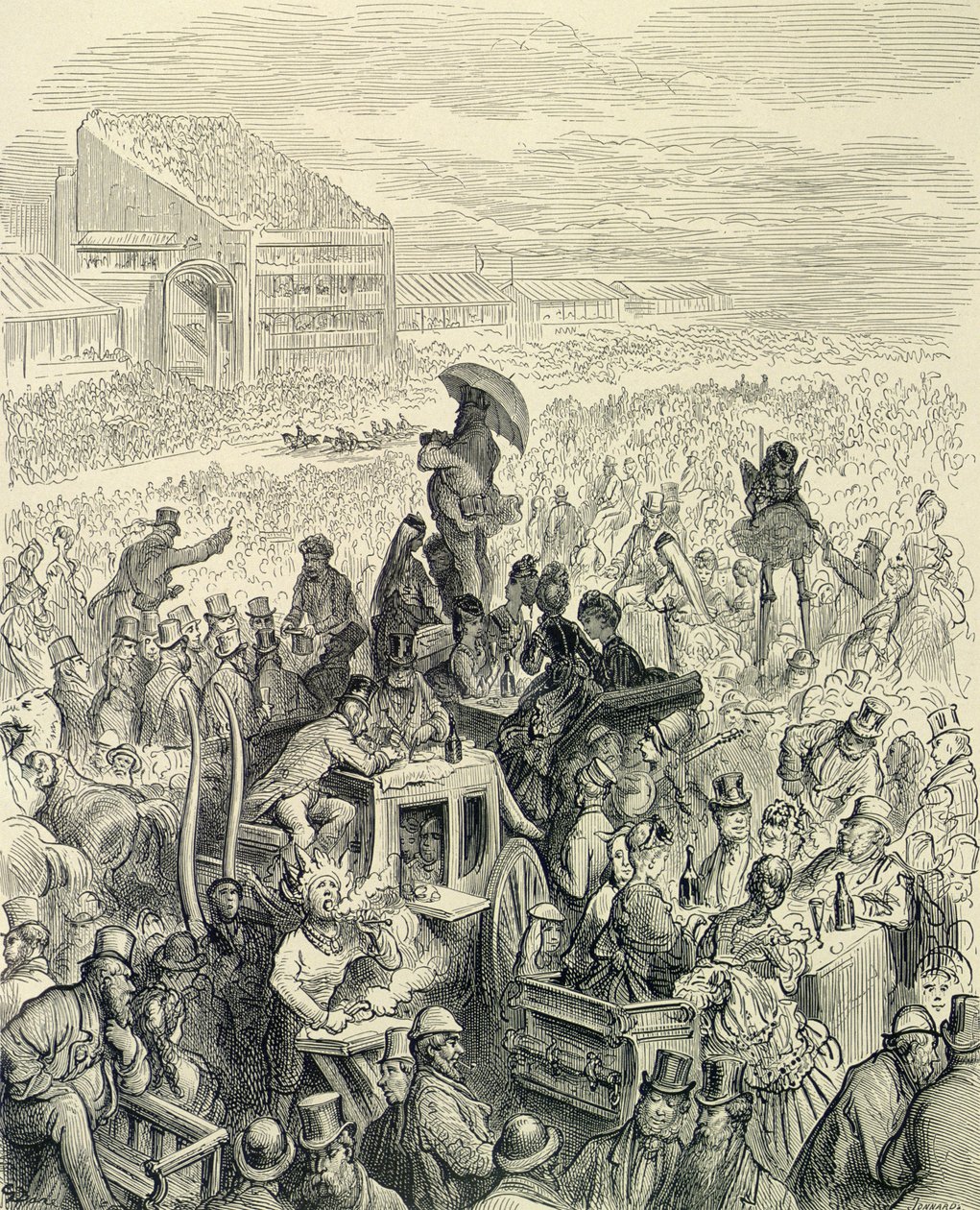 Derby - lounaalla, "Lontoo, pyhiinvaellus", kirjoittanut William Blanchard Jerrold (1826-84), kaivertanut Paul Jonnard-Pacel (k.1902), pub. 1872 tekijältä Gustave Dore
