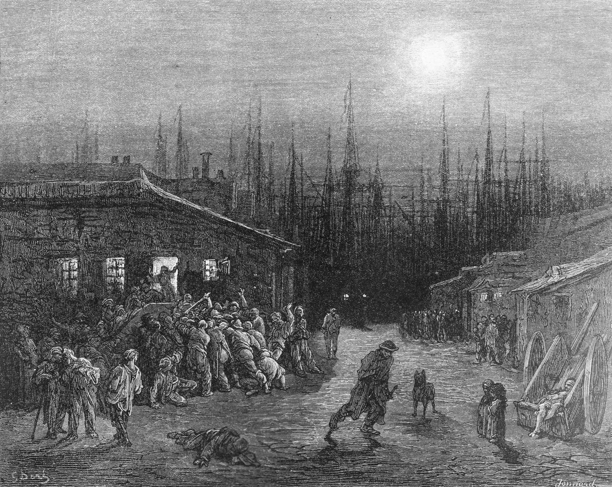 Docks Night Scene, elokuvasta "London, a Pilgrimage", kirjoittanut William Blanchard Jerrold (1826-84), kaivertanut Paul Jonnard-Pacel (k.1902), pub. 1872 tekijältä Gustave Dore
