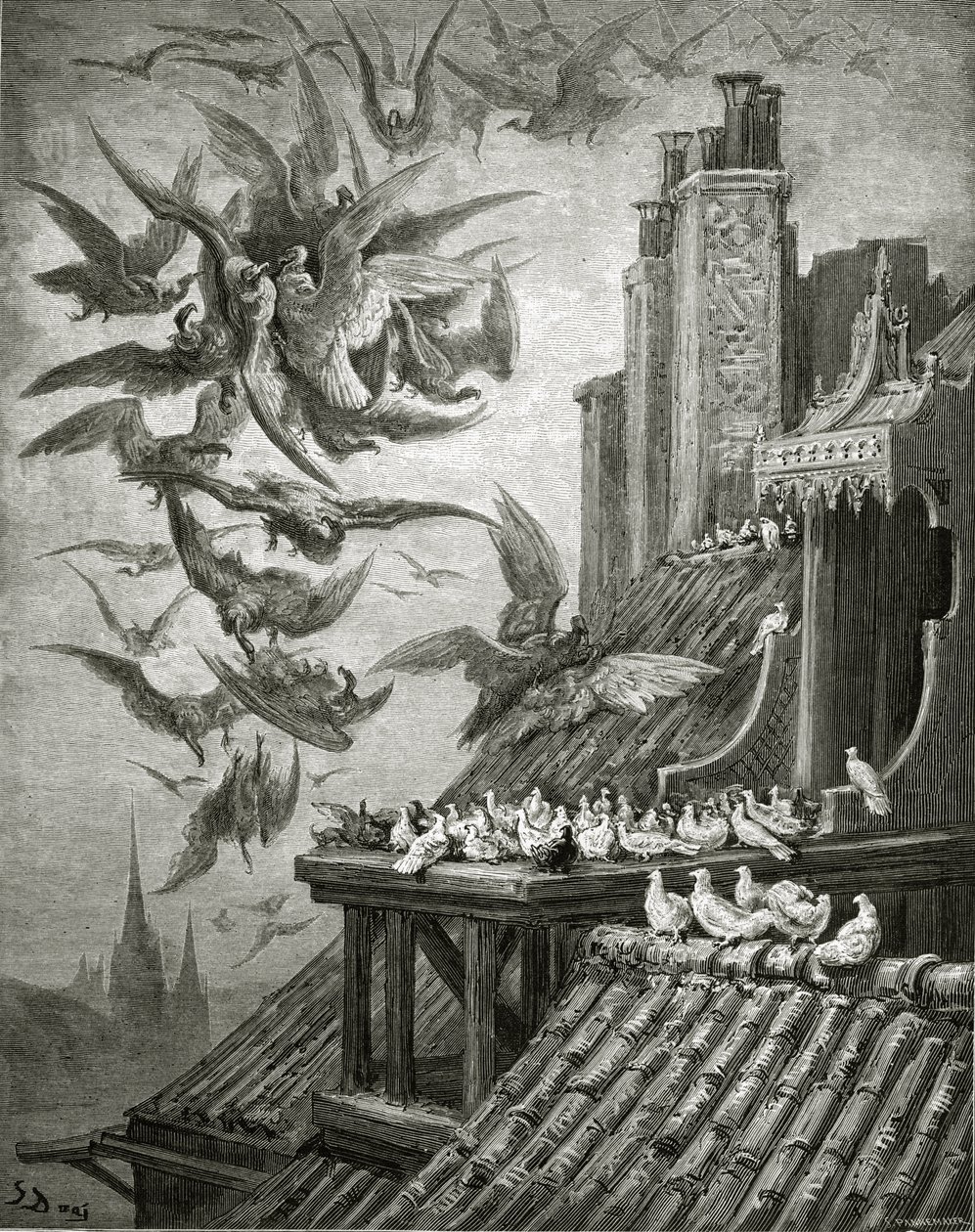 The Eagles and The Pigeons, kuvitus La Fontainen "Fablesista", 1868 tekijältä Gustave Dore