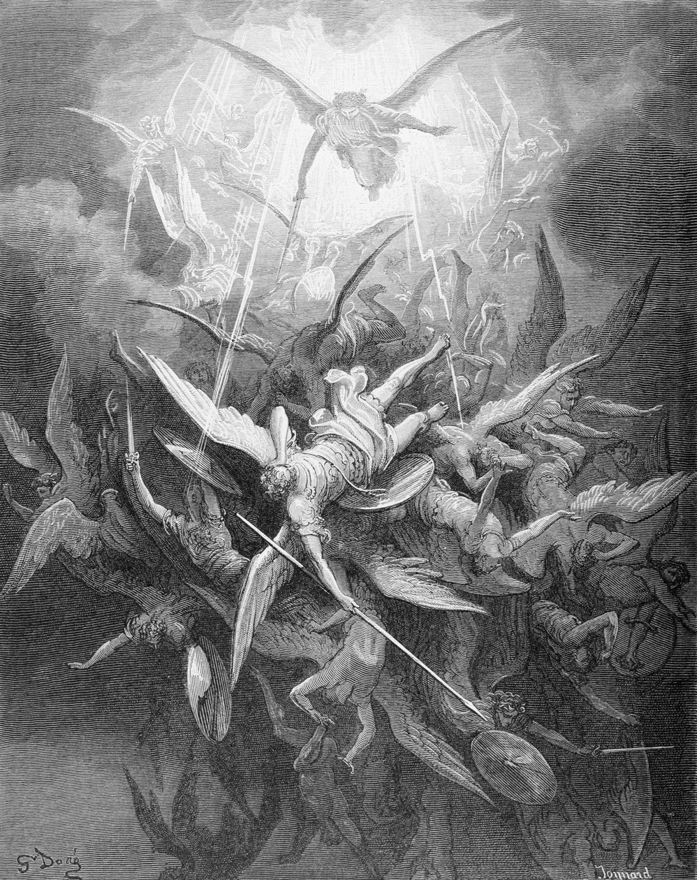 John Miltonin (1608-74) teoksen "Kadotettu paratiisi" kirjasta I "Kapinallisenkeleiden lankeemus" (The Fall of the Rebel Angels), n. 1868. tekijältä Gustave Dore