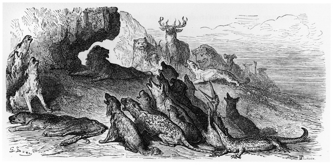 Leijonan hautajaiset, kuvitus Jean de La Fontainen (1621-95) Parisin "Fablesista", julkaistu 1868, kaivertanut Fournier tekijältä Gustave Dore