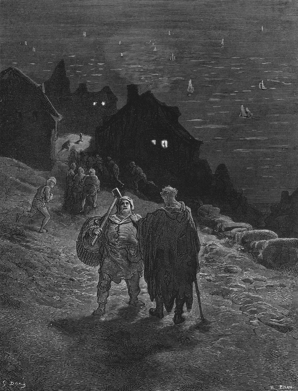 Merimies, joka on tuomittu matkustamaan lakkaamatta maasta toiseen, on myös tuomittu kertomaan tarinansa tapaamille ihmisille, kohtaus S.T.:n "Muinaisen merimiehen elämästä". Coleridge, julkaise tekijältä Gustave Dore