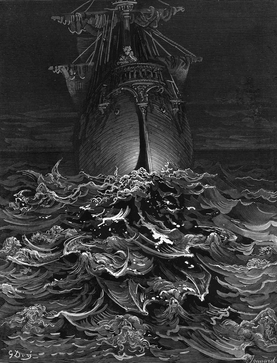 Merimies katselee merta ja valittaa selviytymistään, kun kaikki hänen merimiestoverinsa ovat kuolleet, kohtaus S.T.:n teoksesta The Rime of the Ancient Mariner. Coleridge, julkaisija Harper und Brothers, New York tekijältä Gustave Dore