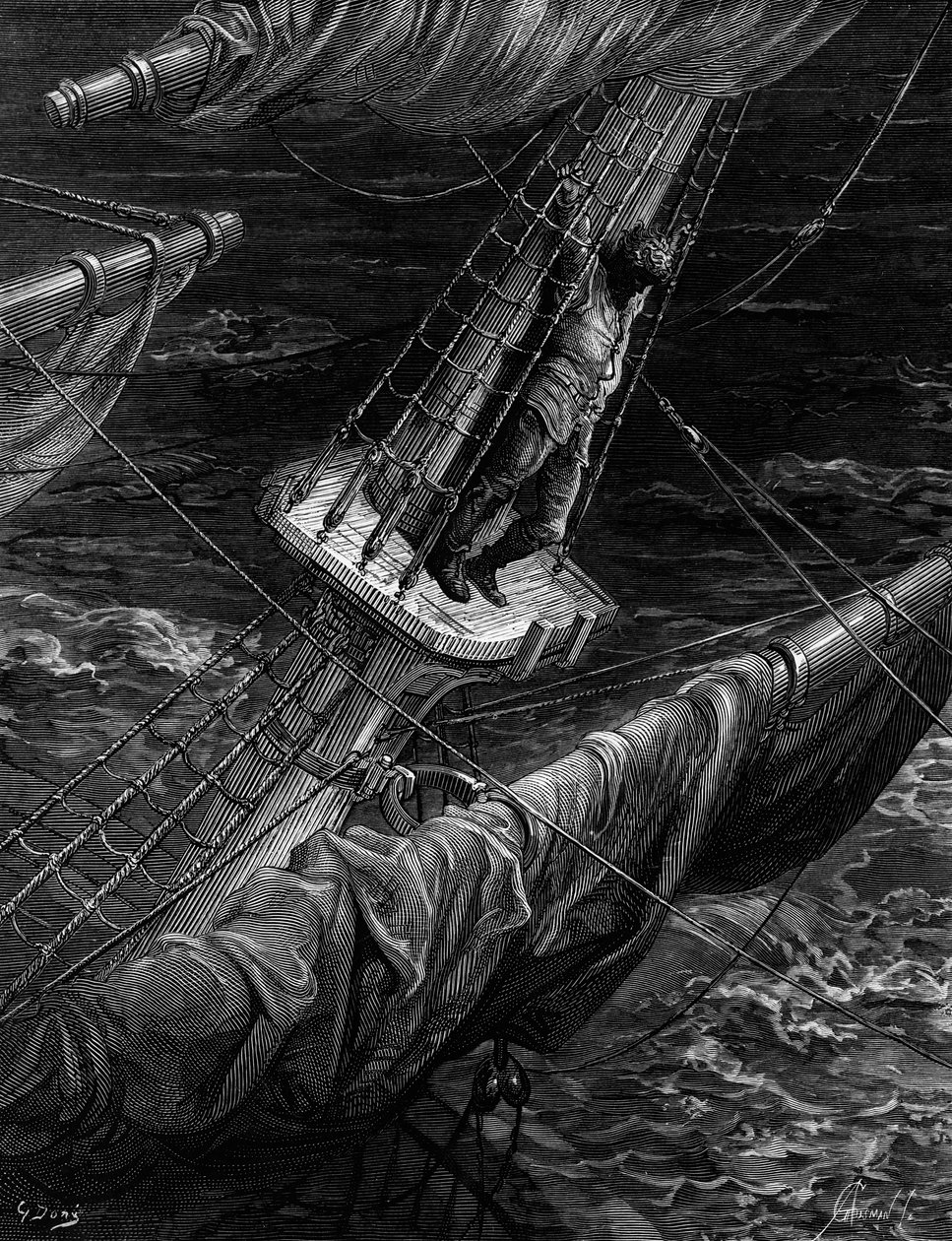 Merimies katuu ampumistaan Albatrossiin, kohtaukseen S.T.:n elokuvasta The Rime of the Ancient Mariner. Coleridge, kirjoittanut S.T. Coleridge, julkaisija Harper und Brothers, New York, 1876 (puukaiverrus) tekijältä Gustave Dore