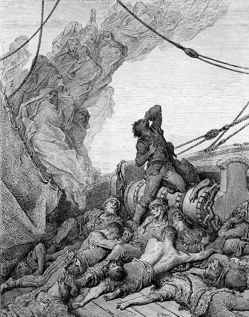 Kuolleiden merimiesten ympäröimä merimies kärsii hengen ahdistuksesta, kohtaus S.T.:n teoksesta The Rime of the Ancient Mariner. Coleridge, julkaisija Harper und Brothers, New York, 1876 (puukaiverrus) tekijältä Gustave Dore