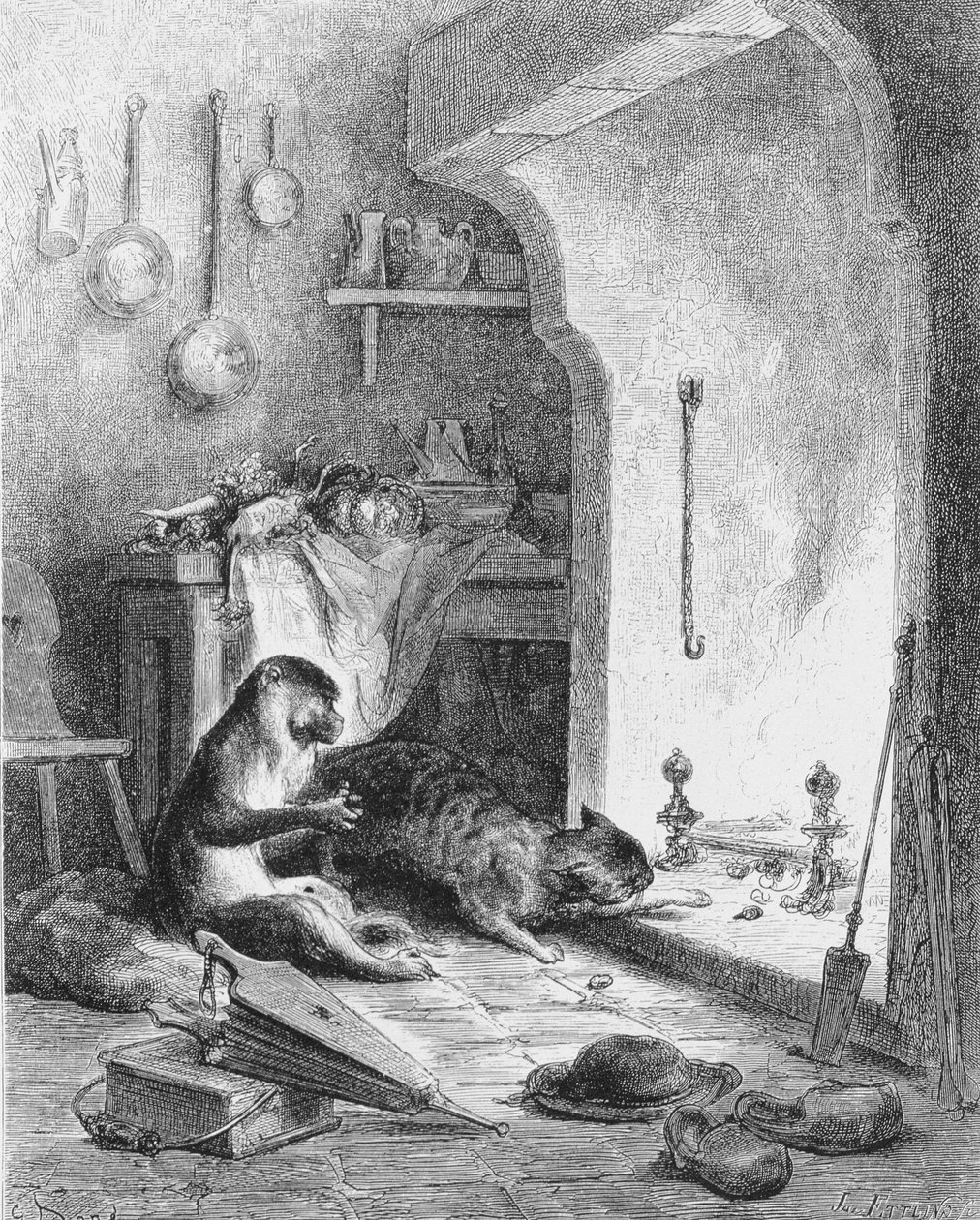 Apina ja kissa, 1868 tekijältä Gustave Dore