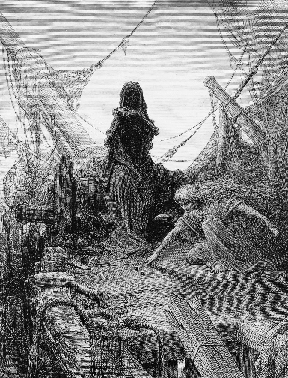 "Night-mare Life-in-Death" pelaa noppaa kuoleman kanssa miehistön sieluille, kohtaus S.T.:n "The Rime of the Ancient Mariner" -elokuvasta. Coleridge, julkaisija Harper und Brothers, New York, 1876 (wood eng tekijältä Gustave Dore