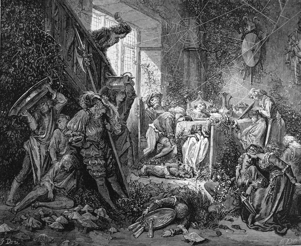 Prinssi saapumassa lumottu linnaan, kuvitus Charles Perrault