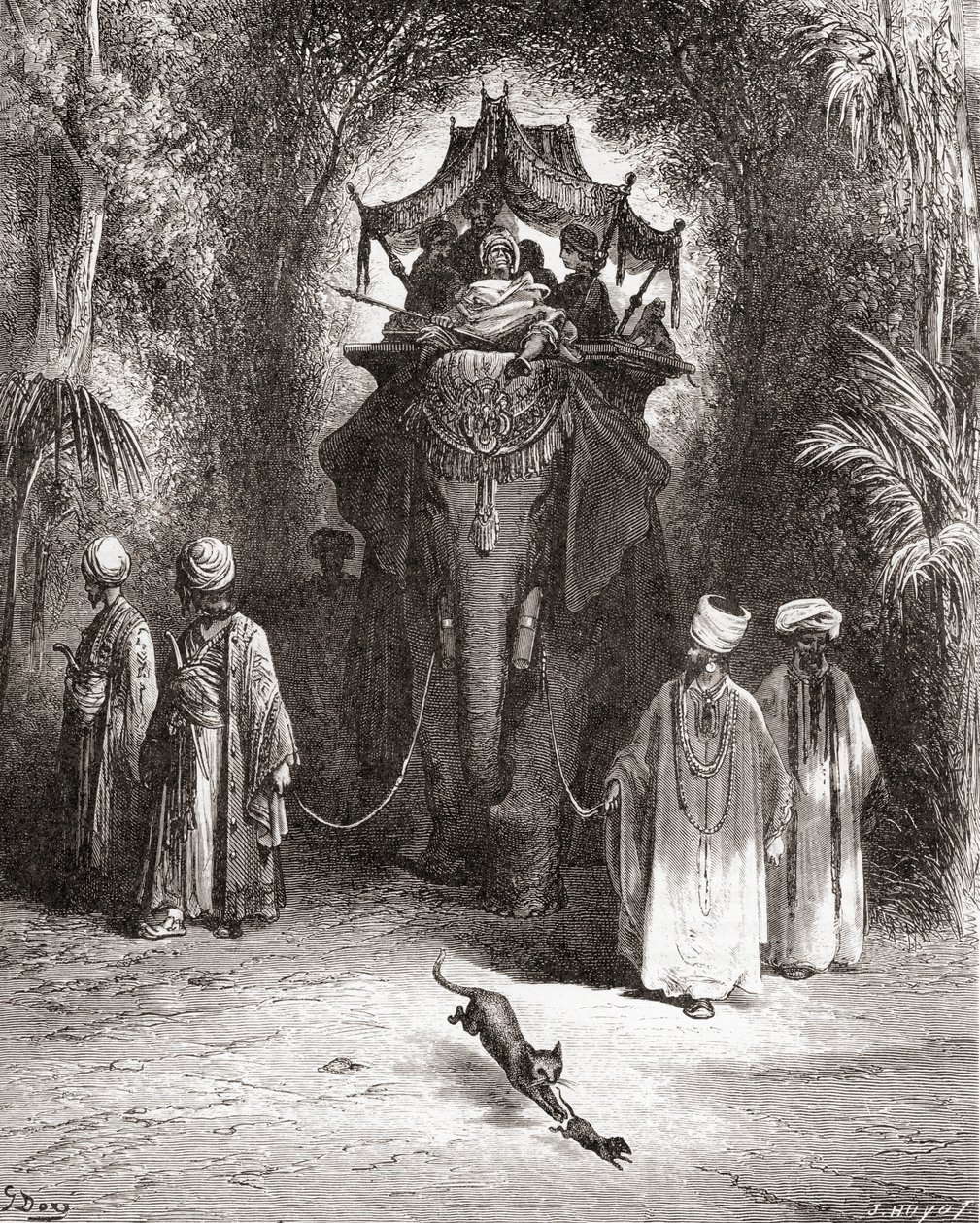 Rotta ja norsu, 1800-luvun lopun Fables de La Fontainen painoksesta (puukaiverrus) tekijältä Gustave Dore
