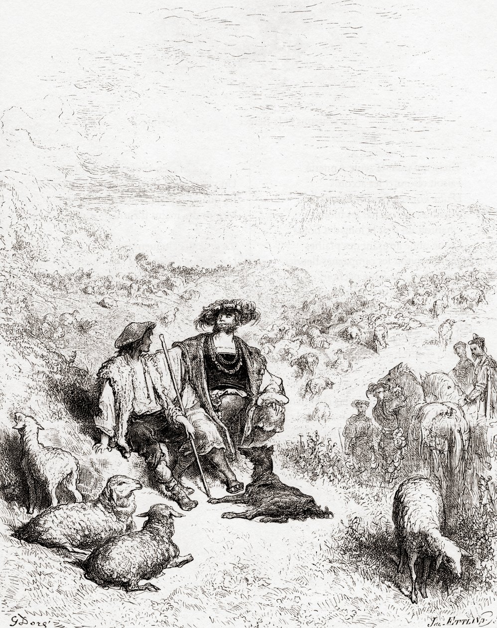 Paimen ja kuningas, 1800-luvun lopun Fables de La Fontainen painoksesta (puukaiverrus) tekijältä Gustave Dore