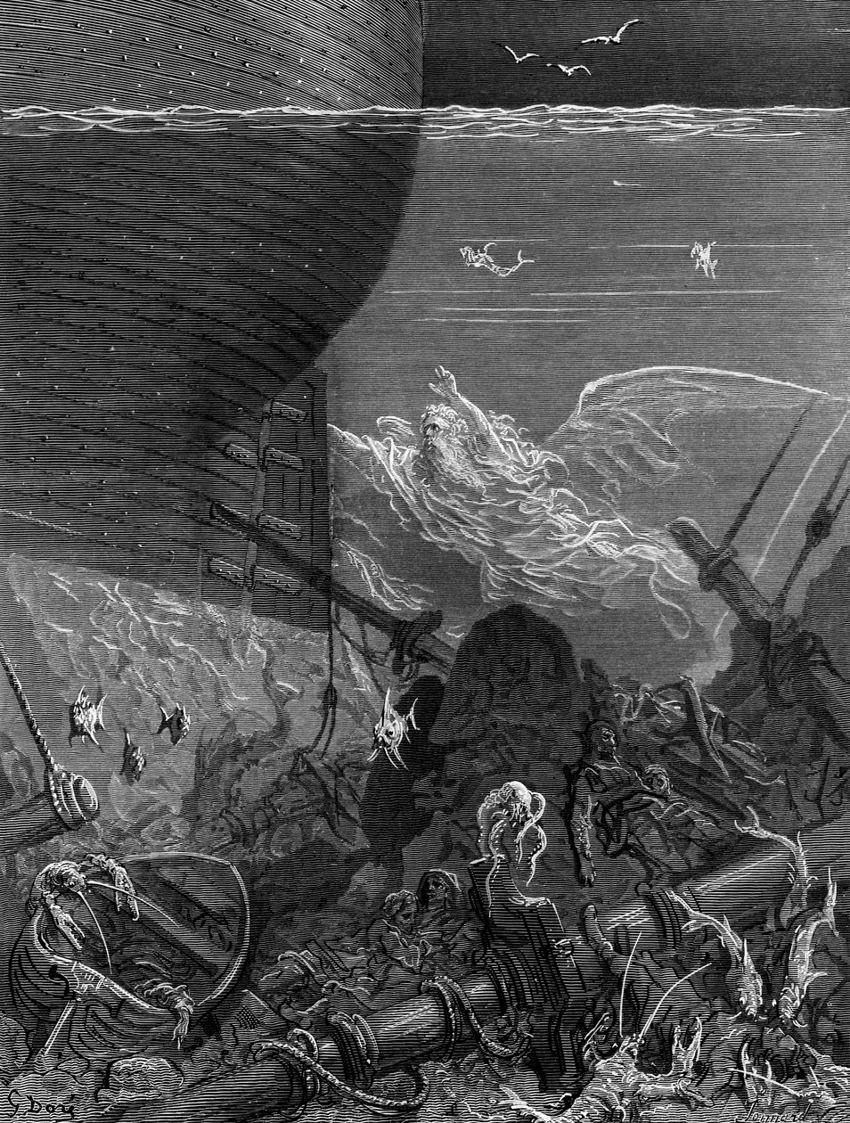 Henki, joka oli seurannut laivaa Etelämantereelta, kohtaus S.T.:n elokuvasta The Rime of the Ancient Mariner Coleridge, julkaisija Harper und Brothers, New York, 1876 (puukaiverrus) tekijältä Gustave Dore